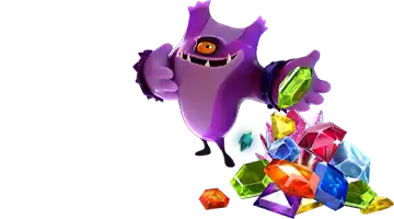 Изображение с персонажами Гама интернет казино, окруженными разноцветными драгоценными камнями, символизирующими регулярные награды для игроков и создающими атмосферу игры и вознаграждения.